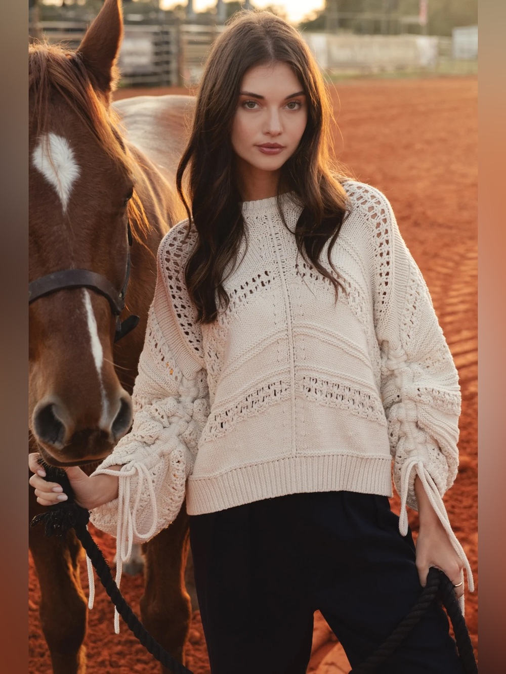 NWT Elan Cream Crochet Knit Sweater Boho Western Statement Sleeve Pullover